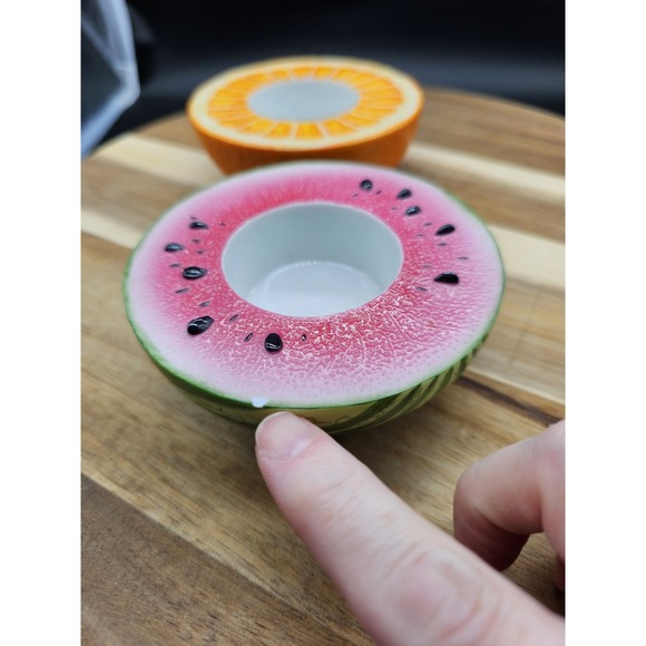 Vintage Pair Of Ceramic Partylite Fruit Votive Candle Holder Orange & Watermelon - Picture 3 of 8